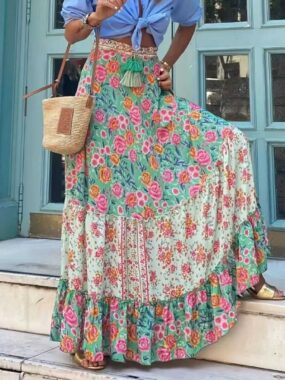 Multi Patterned Boho Maxi Skirt with Tassels