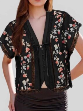 Floral Boho Tie Shirt with Lace Trims