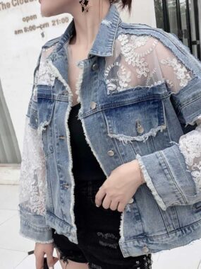 Sheer Lace Blocking Denim Jacket