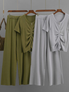 Smocking Effect Ribbed Top and Pants Set