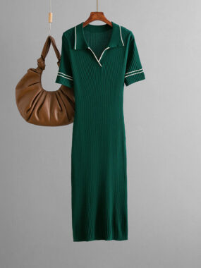 Ribbed Polo Dress with Stripes on Trims