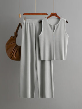 Sleeveless Panelled Ribbed Top and Wide Pants