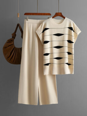 Patterned Knit Top with Plain Pants Set