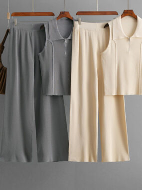 Sleeveless Paneled Polo Top with Pants