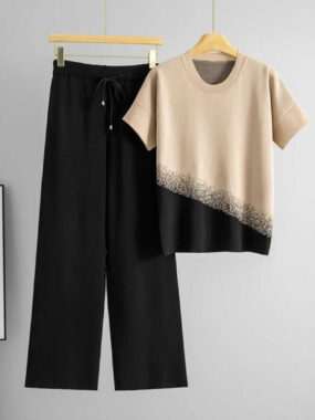 Gradient Two-Color Knit T-shirt with Solid Pants