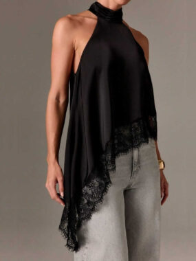 Satin Halter Top with Irregular Lace Hem