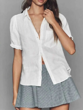 Frilled Short Sleeves Basic White Blouse