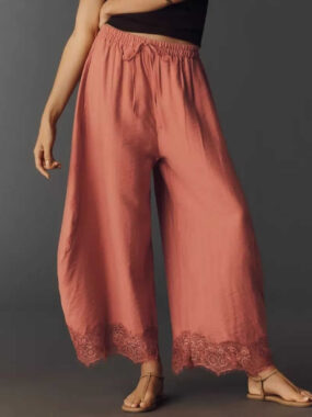 Crinkled Harem Pants with Lace Hems