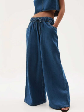 Elastic Waist Wide Leg Jeans Pants with Pockets