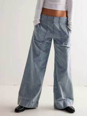 Flared Denim Pants with Square Front Pockets