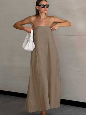 Strapless Flounce Linen Blend Simple Dress