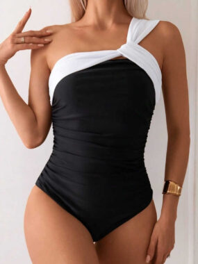 Monochrome One Side Drape Strap Swimming Suit