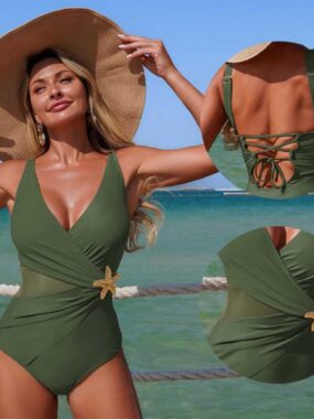 Cross Mesh One Piece with Starfish Brooch