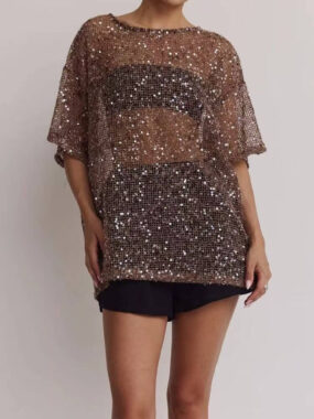 Mesh Loose See-Through Sequin T-shirt