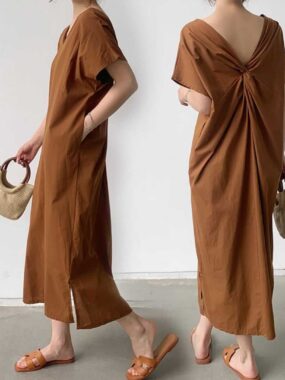 Reversible V-Collar / Knot Cotton Straight Dress