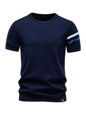 Cotton Tee with Stripes on One Sleeve