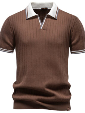 Striped Collar Cotton Knit Wide Ribbed Shirt