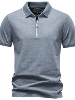 Heathered Zip Polo Shirt with Striped Collar