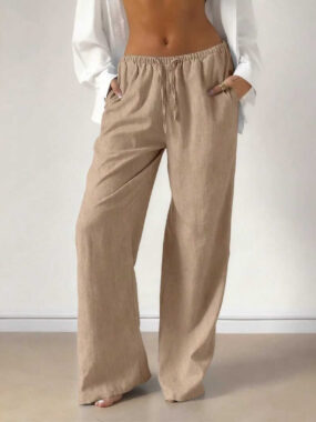 Linen Blend Basic Drawstring Wide Pants