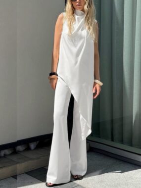 Irregular Plain White Tunic Pants Set
