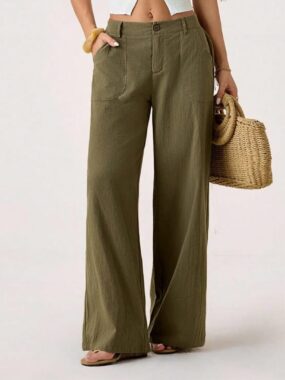 Wide Leg Linen Blend Pocketed Trousers