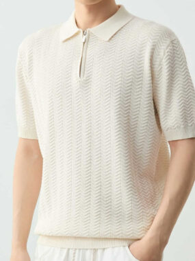 Self Patterned Zip Polo Knit Shirt