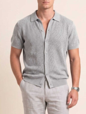 Textured Short Sleeve Button-Down Polo