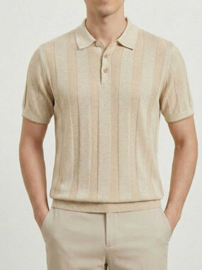 Linen Blend Knit Vertical Stripe Polo