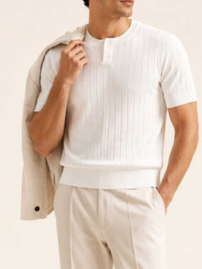 Wide Ribbed Knit Henley Shirt