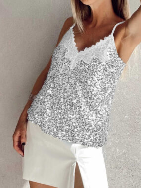 Sequined Party Spaghetti Top with Lace