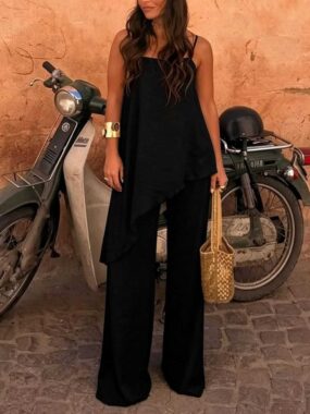 Thin Strapped Asymmetric Top with Wide Leg Pants