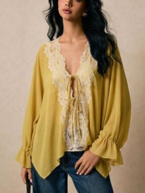 Tassel Ties Boho Flounced Sheer Blouse with Lace