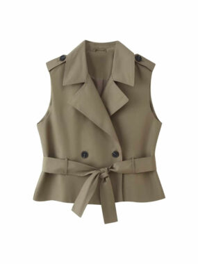 Trench-Style Sleeveless Vest with Belt