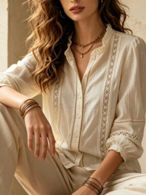 Ruffle Neckline Boho Lace Inserts Blouse