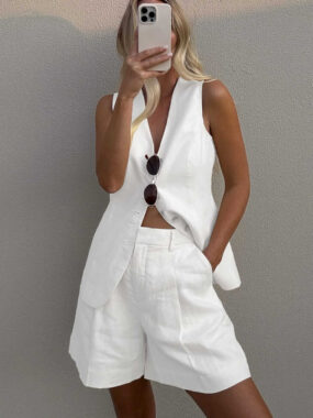 Linen Blend Vest and Tailored Solid Shorts