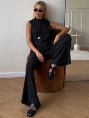 Heather Simple Sleeveless Top and Wide Pants