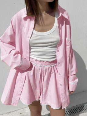 Blouse with Smocked and Laced Waist Shorts Set