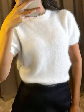 Plush Knit Short Sleeve T-shirt with Ribbed Hem