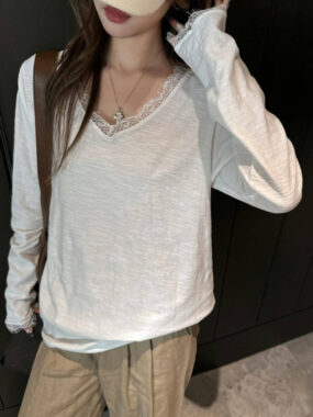 V-Neck Laced Long Sleeve Sheer Heather Top