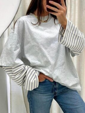 Oversized Contrast Faux Layering Striped Top