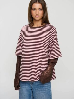 Striped Faux Layered Top with Lace Sleeves