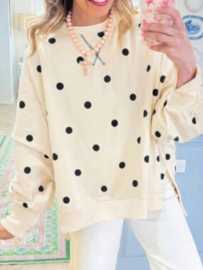 Polka Dot Crew Neck Drop Shoulder Sweatshirt