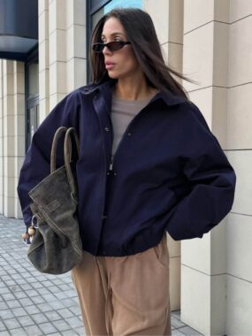 High-Neck Snap-Button Bomber Jacket