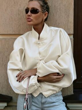 Mandarin Collar Frog-Button Bomber Jacket
