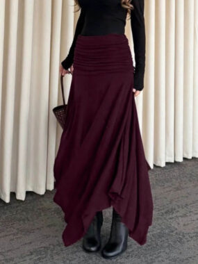 Ruched Waist Knit Asymmetrical Long Skirt