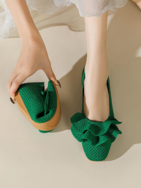 Textured-Knit Square Toe Ruffled Ballerinas