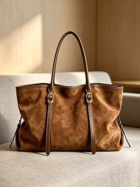 Dual Tall Top Handles Structured Suede Tote Bag