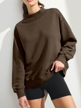 Exposed Shoulder Stitch Mock Neck Oversized Sweatshirt