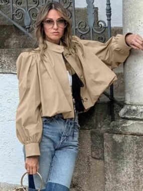 Cropped Puff-Sleeve Trench Jacket