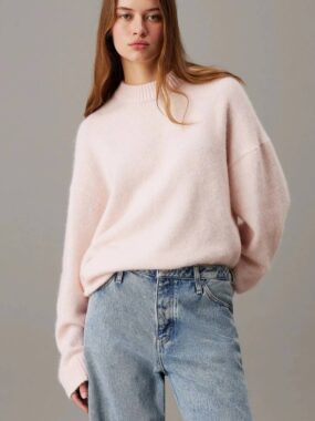Loose Ribbed Mock-Neck Smooth Knit Sweater